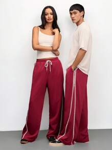 Manfinity VCAY Unisex Street Style Knitted Split Hem Letter Tape Decor Mid-Rise Drawstring Loose Sweatpants, Suitable For Everyday Wear - Red - View 6