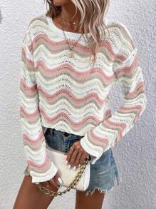SHEIN LUNE Casual Contrast Wave Pattern Drop Shoulder Sweater, Autumn/Spring Knit Pullover Fall Winter - Multicolor - View 7