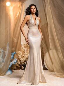 Glamrae Elegant Champagne Shimmery Coated Halter Plunge Neckline Exposed Back Asymmetric Waistline Mermaid Tail Hem Formal Evening Gown, Party Dress, Wedding Guest Dress, Evening Dress - Champagne - View 6