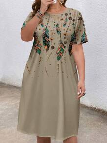 EMERY ROSE Plus Size Gold Sequin Feather Print Dress Boho Suitable For Going Out Chic Dress,Spring/Summer/Vacation - Apricot - View 5
