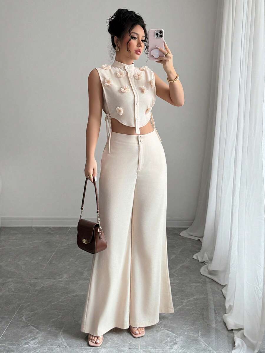 Elenzga Bộ 2 áo không tay họa tiết hoa 3D thanh lịch dành cho nữ và quần dài thường ngày - Màu be - Xem 1