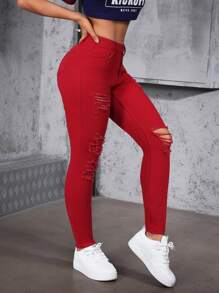 SHEIN EZwear 女式口袋破洞紧身休闲百搭牛仔裤 - 紅色 - 查看 3