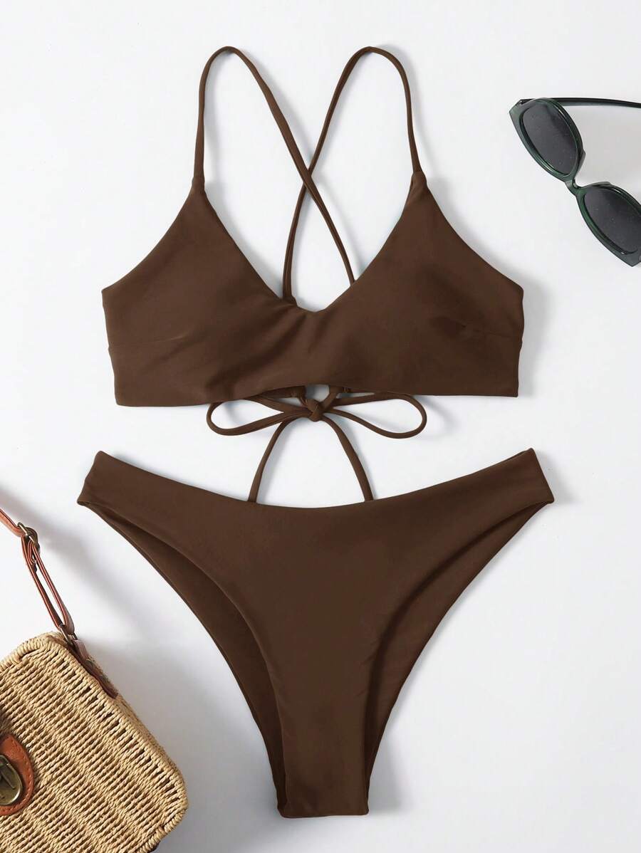SHEIN Swim Einfarbiger Bikini Badeanzug, Neckholder-Oberteil und Unterteil, bügellos