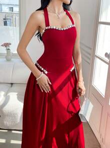 Modelyn Robe longue femme élégante à dos ouvert avec décoration de strass et encolure montante