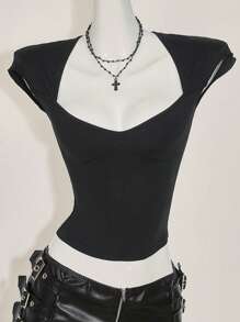 SHEIN ICON Sexy Sweetheart Neck Backless Basic Casual T-Shirt, Moisture Wicking & Breathable, Black,Rave Top - Black - View 4