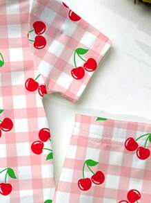 SHEIN 2 件装少女格子粉色可爱樱桃印花卡通图案短袖 T 恤和裤子睡衣套装，贴身休闲家居服，春夏 - 彩色 - 查看 5