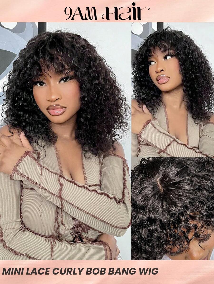 短卷发波波头假发带刘海真人头发无胶深卷发波波头蕾丝假发自然黑色杰瑞卷发波波头假发佩戴即用 - S1 - 查看 1