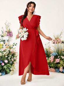 Cravure Plus Size Elegant Romantic Wedding Solid Color Cross V-Neck Side Tie Sleeve Ruffle Dress - Red - View 5