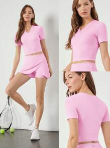GLOWMODE FeatherFit™ Tiefer V-Ausschnitt Logo Kurzes Baby T-Shirt mit Schlank Sitz für ganztägiges Vertrauen, für Yoga Pilates Studio, Low Impact, Lässig Alltag Tragen - Kaugummipink - Übersicht 7