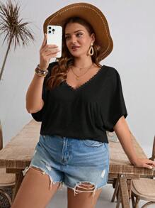 SHEIN Frenchy Plus Size Leisure Lace Patchwork Back Twist Hollow T-Shirt