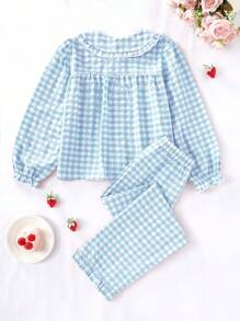2pcs/Set Tween Girl Casual Pink Plaid Splice Ruffle Trim Long Sleeve Top And Long Pants Loungewear Set Two Pieces Set For Girls Clothes Clothes Set Girl Clothes Sets Girls Shirt Sets Summer Outfits For Clothes Set - Baby Blue - View 2