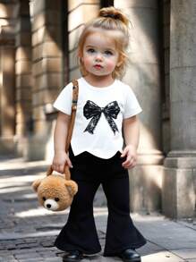 两件套女婴宽松舒适仿蕾丝蝴蝶结印花短袖上衣 + 罗纹针织喇叭裤，夏季