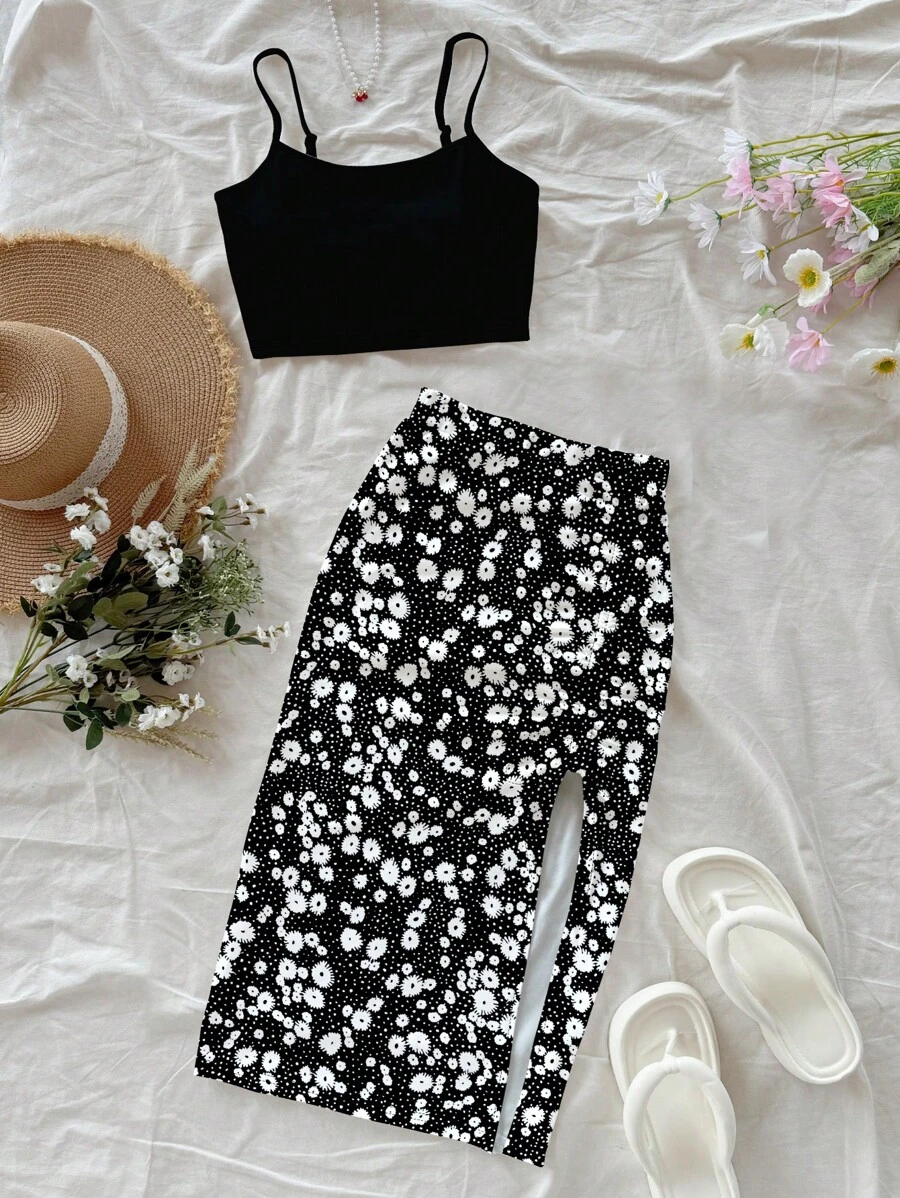 Soleia Women Casual Vacation Camisole Tank Top And Ditsy Floral High Slit Drawstring Tie-Front Skirt 2 Pieces Set, Suitable For Summer,Summer Sets Suitable For Going Out - Multicolor - View 1