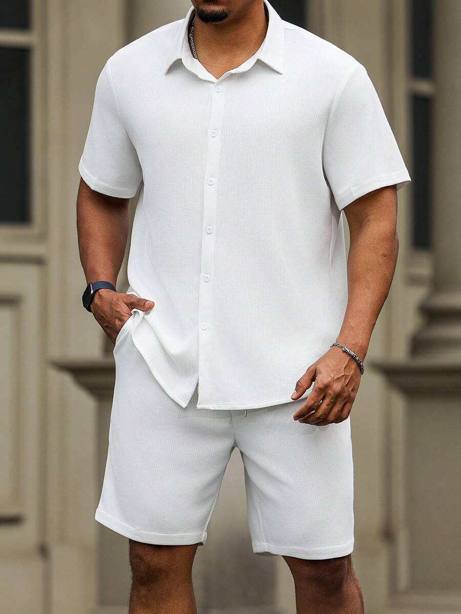 Manfinity Homme 2 pezzi/set Uomo taglia grande Camicia e pantaloncini estivi casual in tinta unita a maniche corte - Bianco - Visualizzare 1