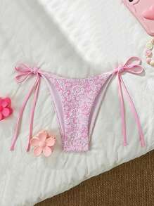 SHEIN Summer Women Beach Holiday Pink Floral Textured Fabric Side Tie Bikini Bottom - Pink - View 1