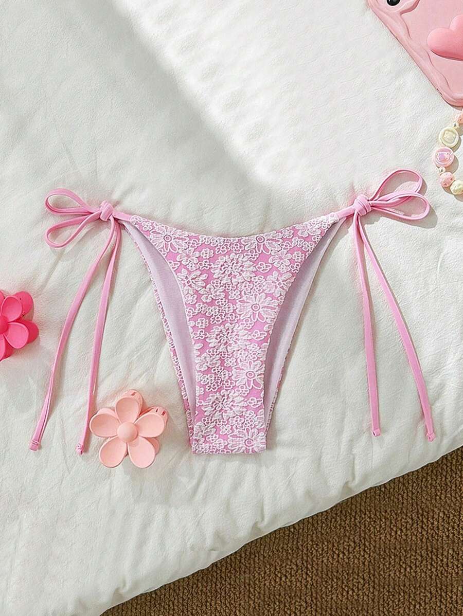 SHEIN Summer Women Beach Holiday Pink Floral Textured Fabric Side Tie Bikini Bottom - Pink - View 1