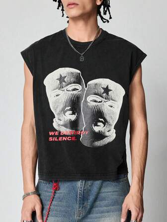 Street Life Camiseta de tirantes corta con lavado y estampado de letras y caracteres para hombre