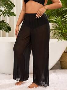 Swim Lushoire Plus Size Women's Elegant Black Sheer Beach Pants Cover Up For Summer Beach Vacation - Black - View 5