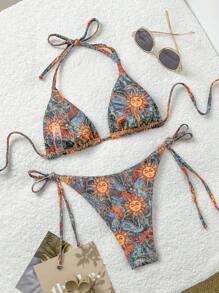 Soleia Summer Outfits For Women,Swim Suits For Women,Vacation Outfits Woman,Beach Outfits For Woman,Boho,Beachwear,Women's Colorful Retro Sun Print V-Neck Halter Neck Beach Bikini Set