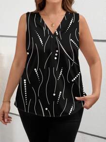 SHEIN Clasi Plus Size V-Neck Casual Polka Dot & Striped Pattern Blouse Suitable For Summer Chic Blouses For Women