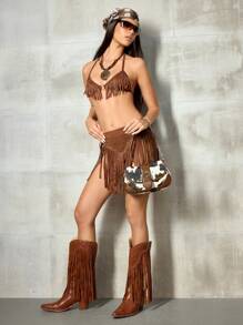 SHEIN ICON 女士、女式单肩包、流浪包、时尚、个性、简约、百搭、街头、甜美酷炫女孩、辣妹、Y2K、复古、复古、青少年、西式风格、奶牛印花、动物印花、金属链条装饰、拼接、女士西式钱包、波西米亚风格女士包、牛仔竞技场合的完美之选