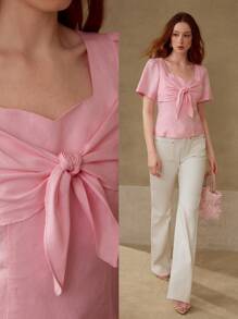 MOTF PREMIUM LINEN KNOT FRONT SHORT SLEEVE TOP - Pink - View 2