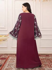 Al Najma Plus Size Women Elegant Embroidered Bell Sleeve Arabic Style Dress, Modest - Burgundy - View 2