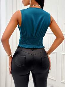 SOLERSUN Blusa de satén sin mangas con cuello en V y plisado en los lados - Azul Marino - Ver 2