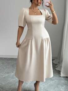 Celure Abito lungo da donna elegante e casual per primavera/estate, stile francese chic, adatto per lavoro, vacanza e occasioni formali, con scollo quadrato, drappeggio, in colore unito