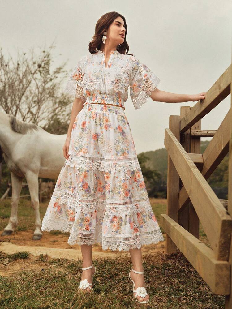 Urlaubsstil Set mit 2 Teilen, bestehend aus Top mit Blume Muster, Hohlmuster und Stickerei und Rock, Damen Frühjahr Sommer Festival Feiertags Outfit