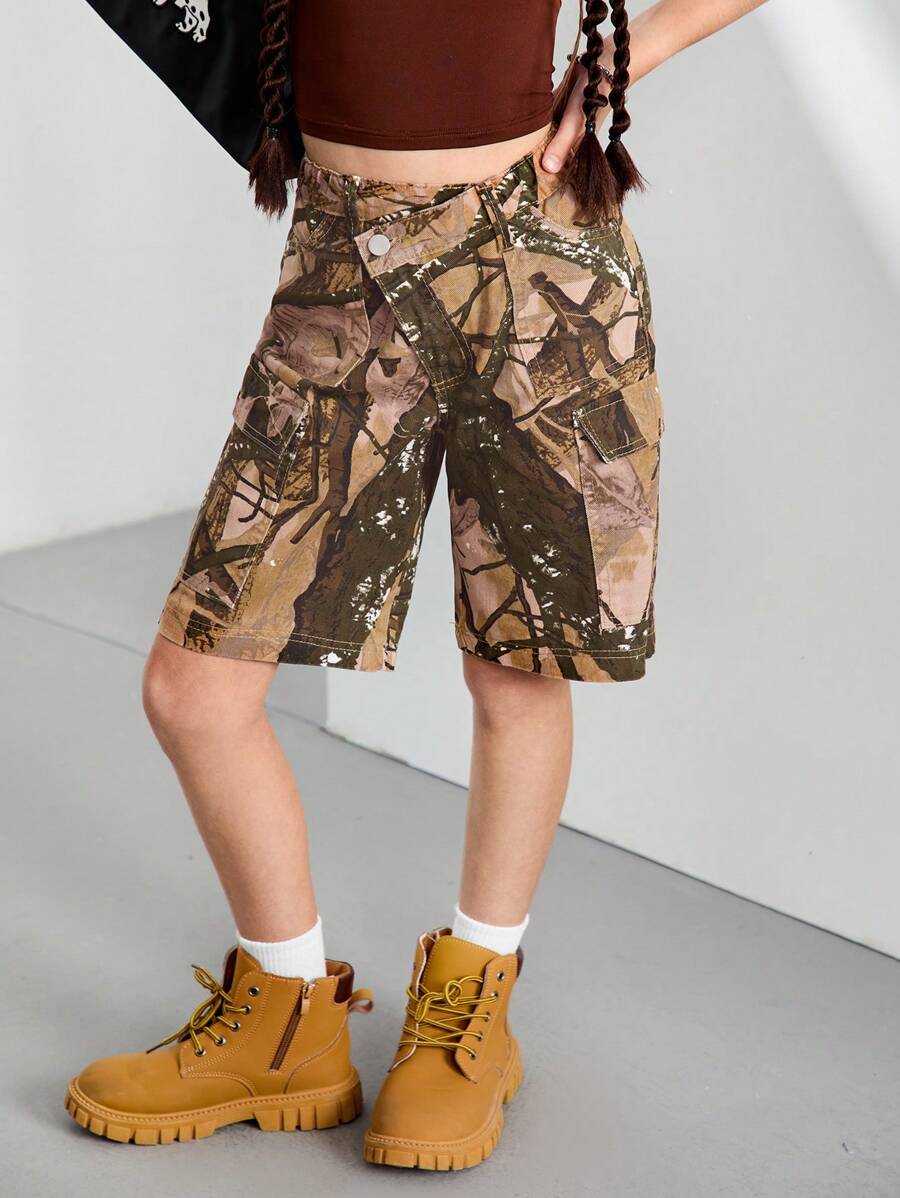Denimly 女童/青少年 West Wild 学院风户外风格松紧腰带前拉链多口袋工装迷彩牛仔短裤 - 彩色 - 查看 1