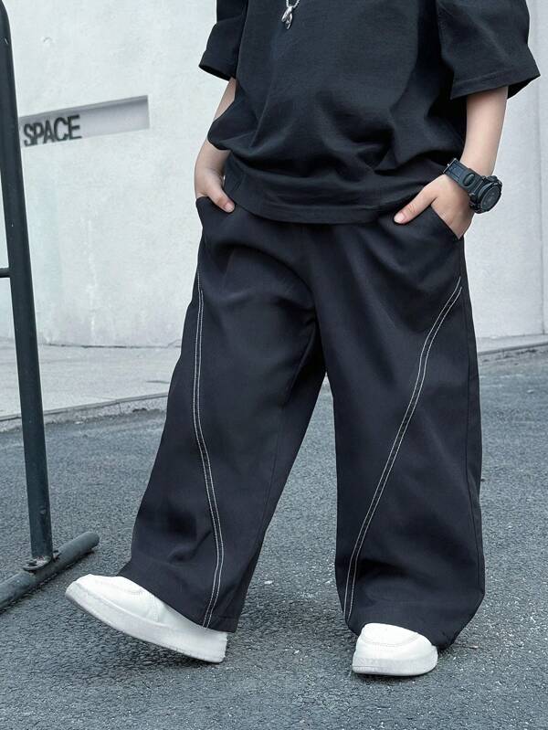 1pc Young Boys' Casual Casual-Fit Color-Block Woven Pants With Line Decoration, Suitable For Everyday Wear, Black Cargo Pants,Suitable For School, Garden, Birthday, Fall, Spring/Summer