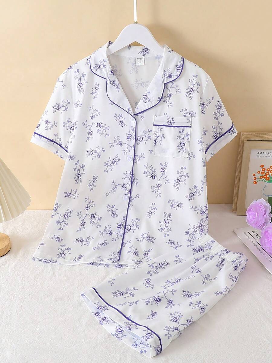 2pcs/Set Teen Girl Minimalist Polka Dot Allover Print Short Sleeve Cardigan And Shorts Pajama Set, Comfortable Homewear Pajamas Sets Pajama Set For Teens Pajama Sets Sleep Wear Set - Multicolor - View 1