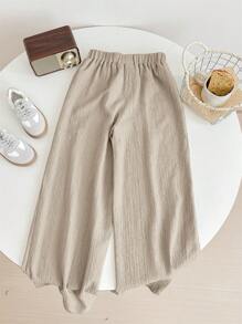 SHEIN LMoss Kids LMoss Tween Girl Textured Fabric Loose Wide Leg Pants With Drawstring Elastic Waistband - Khaki - View 2