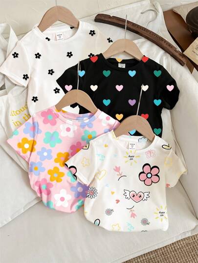 SHEIN Set de 4 camisetas de cuello redondo de manga corta básicas con estampado floral y lunares con corazones para niña, top casual de primavera/verano