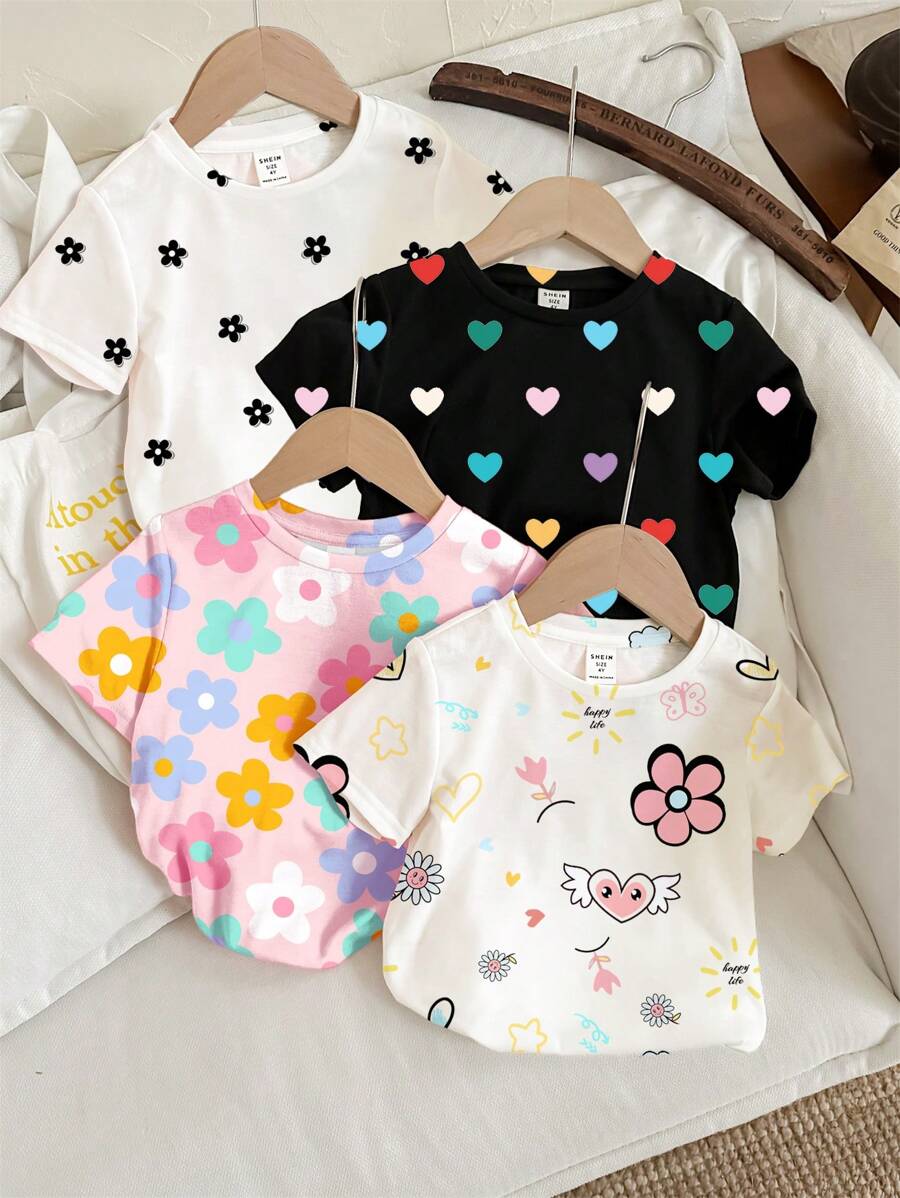 SHEIN 4 件套年轻女孩可爱花卉和心形波尔卡圆点印花基本款短袖休闲圆领 T 恤，春夏上衣 - 彩色 - 查看 1