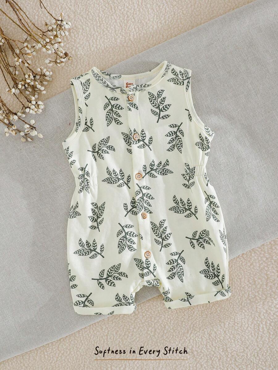 Cozy Pixies Baby Boy Floral Pattern Knit Soft Crew Neck Sleeveless Romper Shorts, Casual & Versatile - Multicolor - View 1