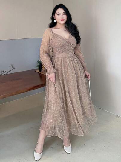 Dazy Plus Plus Size Mesh & Shiny Yarn Waist Gather Maxi Length Dress, With Flared Skirt, For Spring & Fall Long Sleeve Dress Luxury Prom Dress New Year Eve Dress
