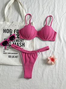 Swim Mod 2 件套女士夏季海滩聚拢贝壳上衣和丁字裤比基尼套装，纹理面料，性感 - 玫紅色 - 查看 1