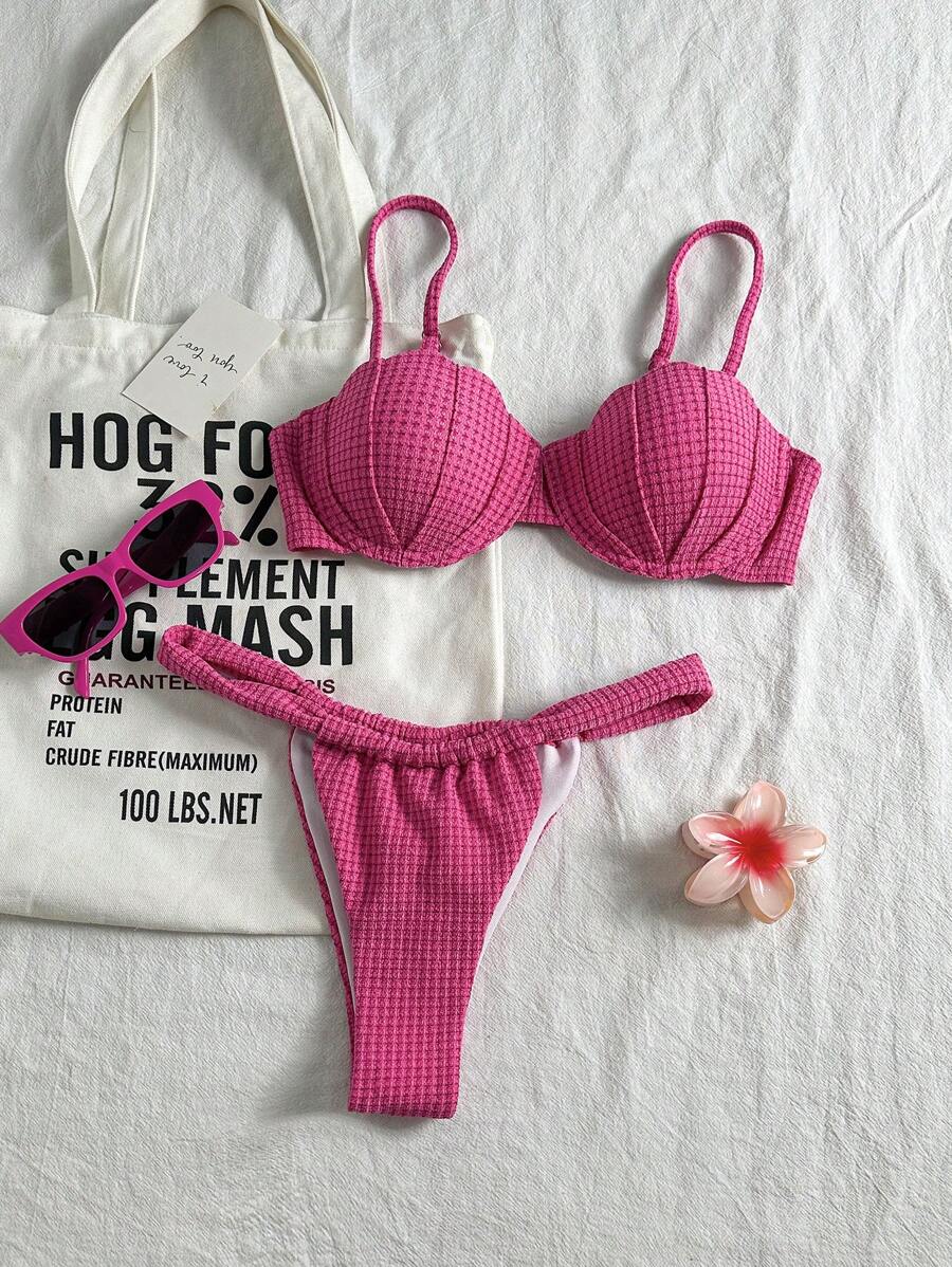 Swim Mod 2 件套女士夏季海滩聚拢贝壳上衣和丁字裤比基尼套装，纹理面料，性感 - 玫紅色 - 查看 1