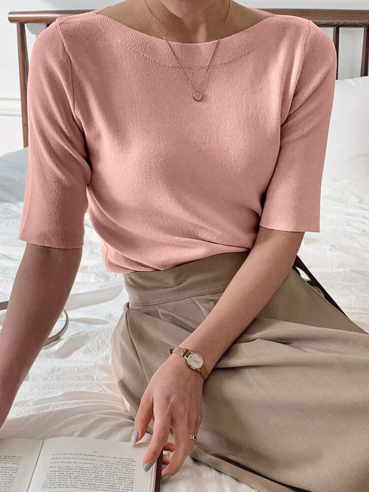 Women's Solid Color Fitted Elegant Knit Undershirt,Back To School Clothes