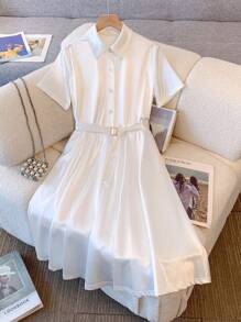 Chiquease 优雅白色短袖衬衫领系带 A 字裙，女士春夏连衣裙 - 白色 - 查看 3