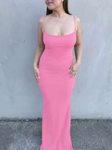 Zyxie Vestido elegante de un solo color, de ajuste slim y tirantes finos extra largos para mujer