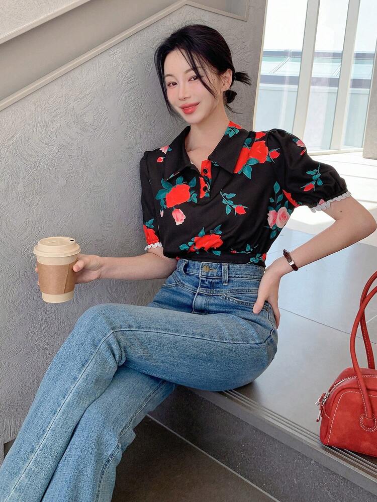All-Over Flower Polo Collar Puff Sleeve Mixed Lace Cropped Fitted Blouse For Women, Summer Holiday Floral