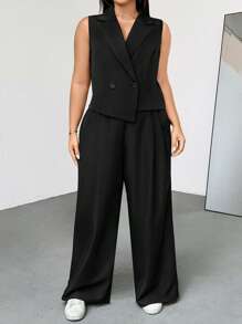 Auralis Ensemble deux pièces pour femmes grandes tailles, printemps et été, mode décontractée et confortable. Top slim noir de base pour la vie quotidienne et pantalon à jambes dénudées. Style minimaliste, style vieille fortune, tenue de bureau, ensemble pantalon, tenue décontractée femme, tailleur courbe, été européen, ensemble blazer