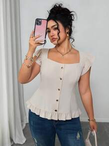 SHEIN Unity Plus Size Women's Simple French Style Casual Summer Versatile Cap Sleeve Square Neck Ruffle Trim Blouse - Apricot - View 1