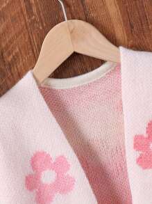 Girls Elegant Colorful Gradient Floral Print Long Sleeve Knit Cardigan, Comfortable & Versatile For Casual, Daily, Party, Home Wear, Suitable For Autumn/Winter - Pink - View 3