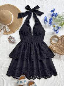 Soleia WYWH 女士度假和夏季休闲派对、毕业典礼、复活节派对午餐装，可爱刺绣蕾丝拼布弹力 V 领迷你连衣裙，适合度假、婚礼、毕业典礼、派对、下午茶 - 黑色 - 查看 6