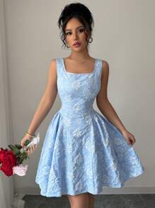 Elenzga Nuevo vestido sin mangas para mujer, cuello cuadrado, bajo en línea A con textura fruncida, tela floral tejida, unicolor, elegante y versátil minivestido delicado de cintura estilizadora para uso diario casual y de oficina