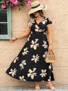SHEIN CURVE+ Plus Size Feminino Decote Em V Estampa Floral Manga Babado Cintura Cintura Cintura A-Line Elegante Vestido Diário - Multicolorido - Ver 5